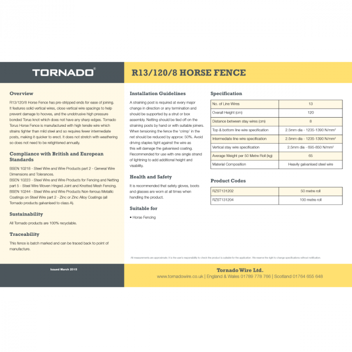 Tornado R13 120 8 Equi Horse Fence 50m